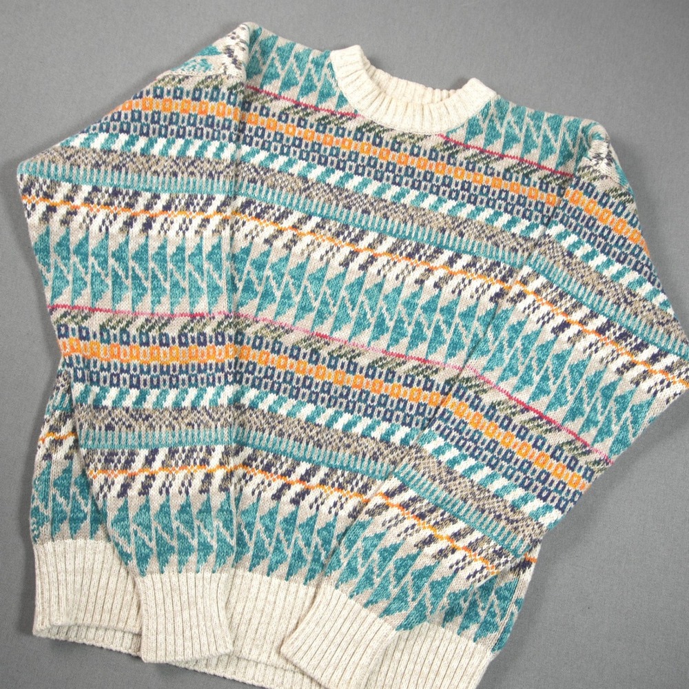 VTG Geometric Fair Isle Knit Men Sweater XL Tribal Thick Nordic Hippter Retro
